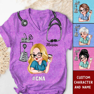 Pretty Doll Nurse Scrub CNA RN Healthcare Worker Personalized V-neck 3D T-shirt