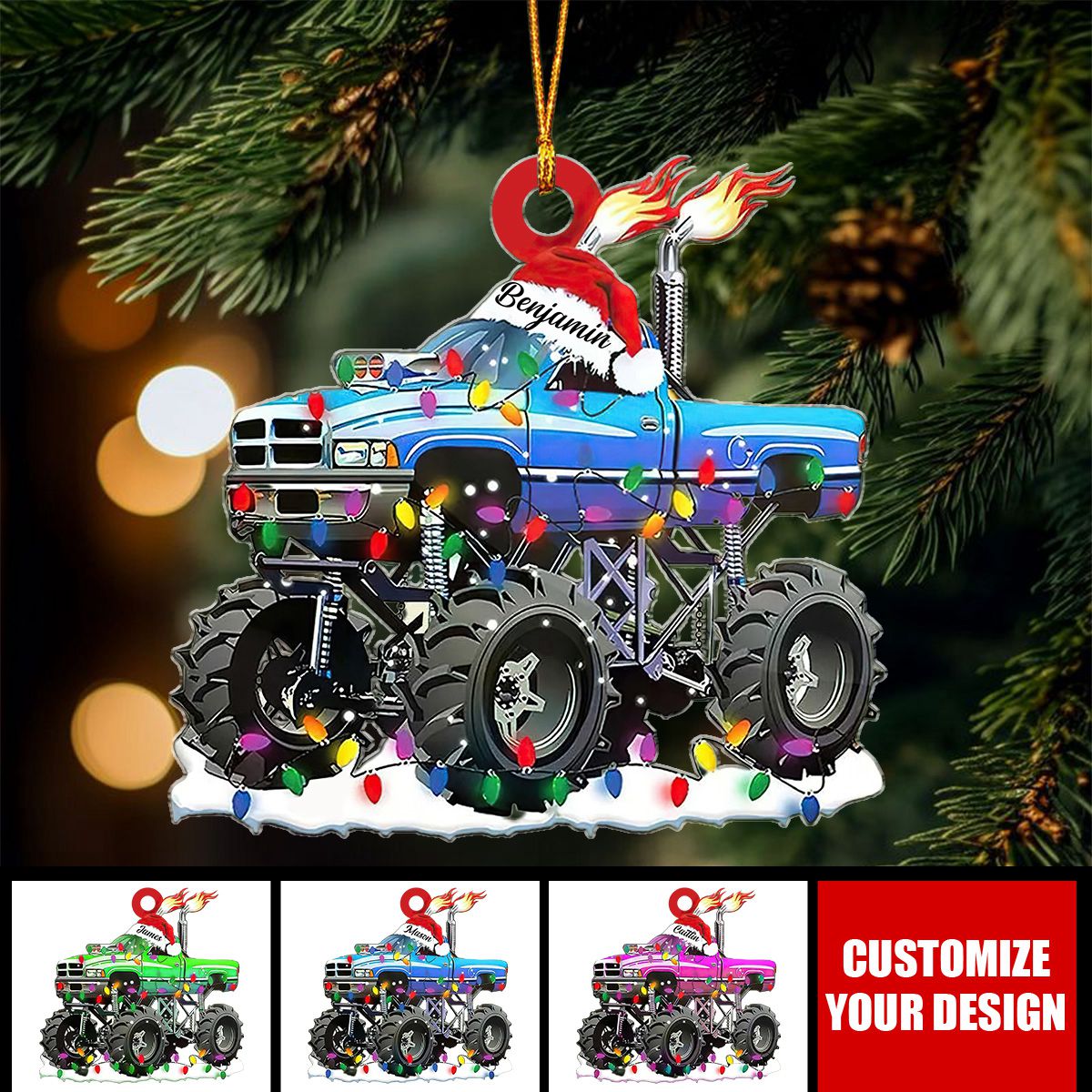 Custom Name Monster Truck - Personalized Acrylic Christmas Ornament, Gift For Kids Boys Men