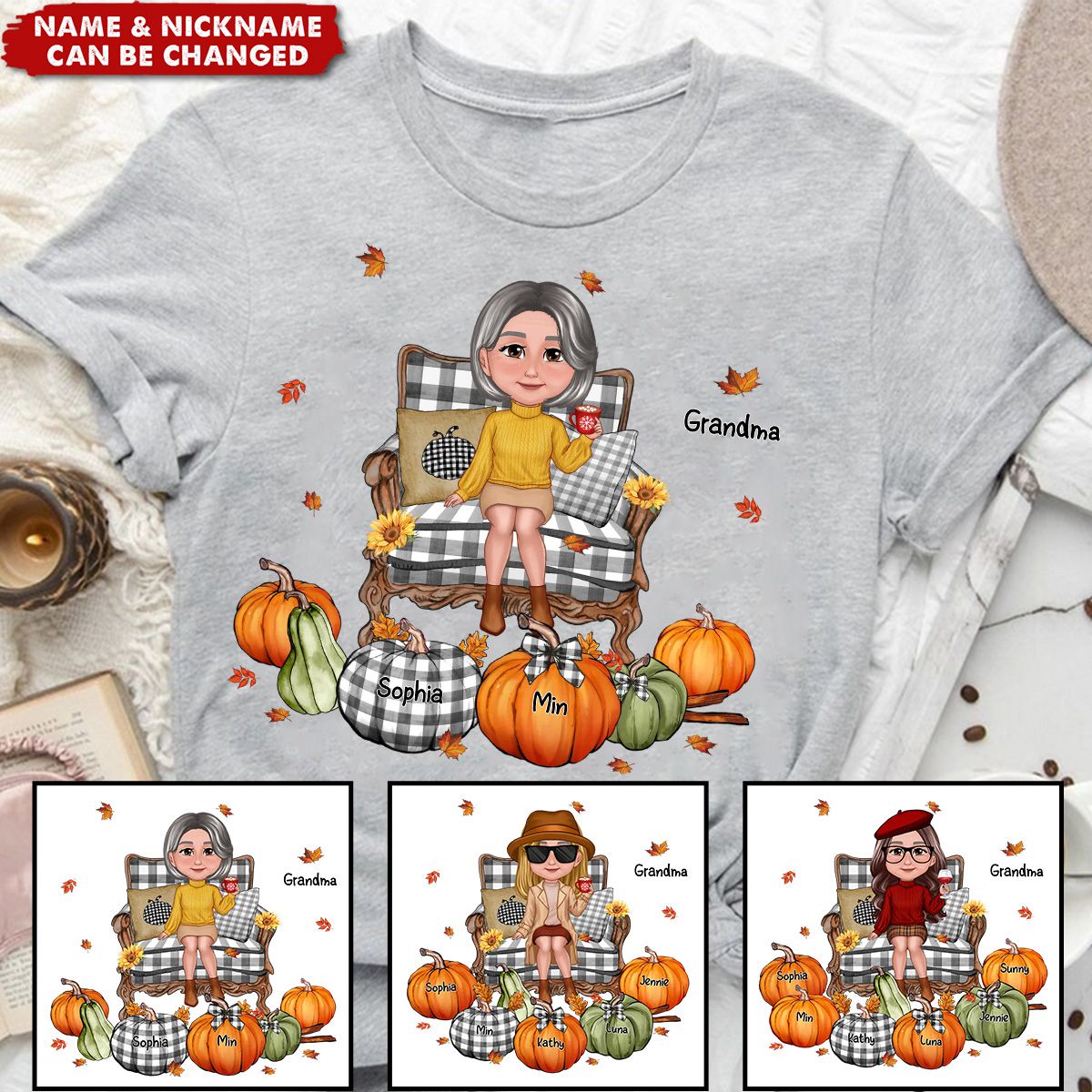 Grandma Sitting On Chair Pumpkins - Personalized T-Shirt