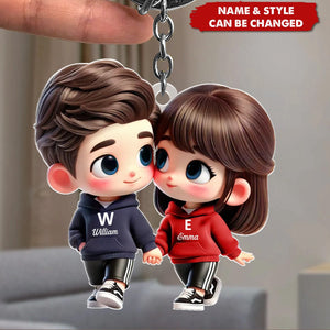 Cute Cartoon Couple Holding Hands Personalized Acrylic Keychain, Anniversary & Valentine's Day Gift for him, Gift for her