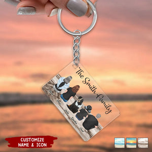 Family Sitting Back View Retro Vintage Beach Landscape Acrylic Keychain