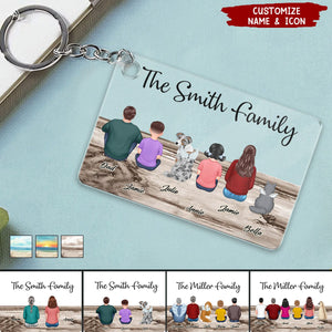 Family Sitting Back View Retro Vintage Beach Landscape Acrylic Keychain