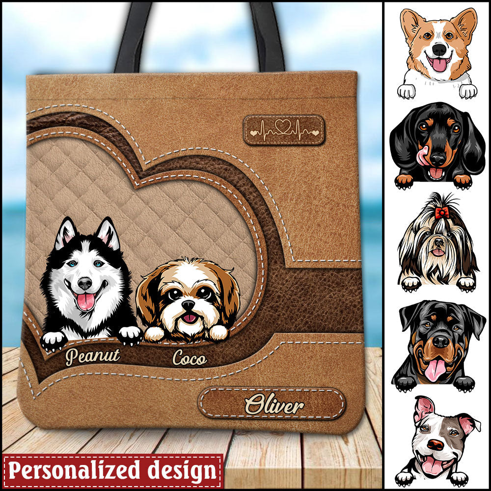 Personalized Dog Mom Fur Mama Pet Paws Lover Custom Breeds Names Puppy Lover Faux Leather Pattern Tote bag